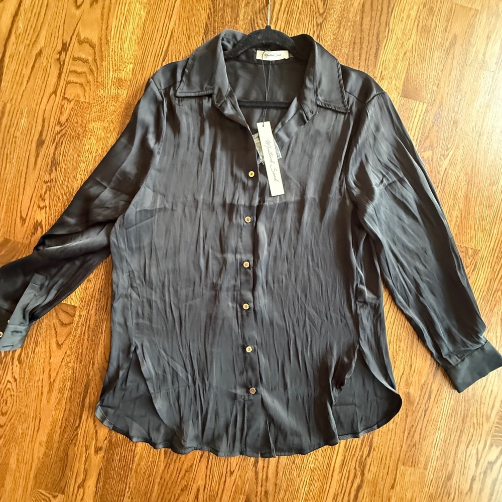 NWT Mustard Seed Classic Black long flowy, silk blend Blouse whimsigoth Medium